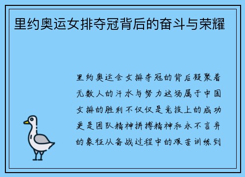 里约奥运女排夺冠背后的奋斗与荣耀